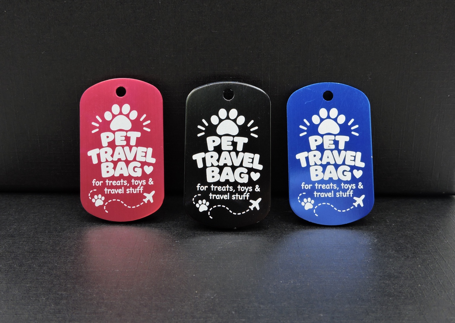 Promotional tag samples in three colors